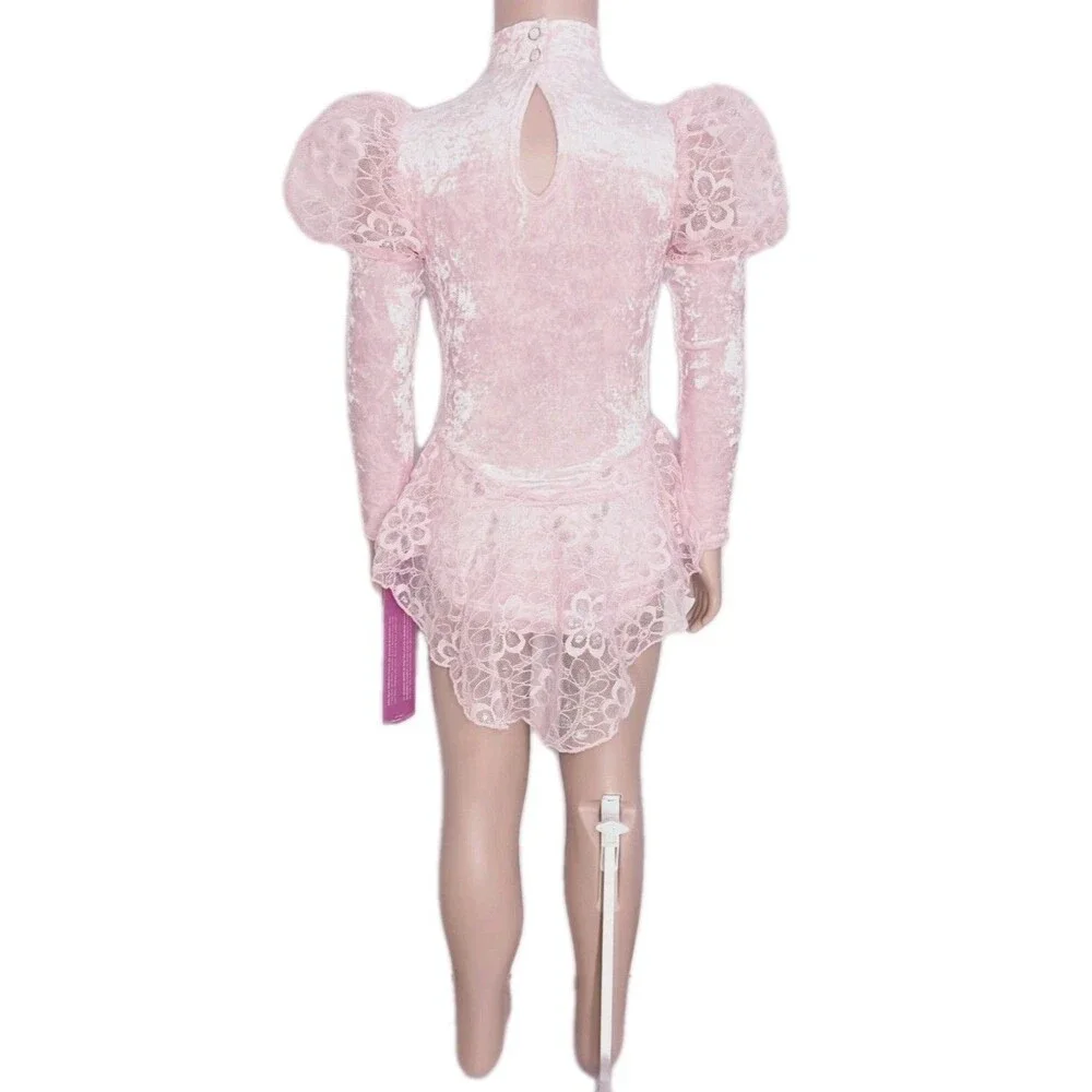 Gilda Marx VTG High Neck Velvet Lace Keyhole Pink Leotard Skate Dress Girls 8/10 - Picture 7 of 16